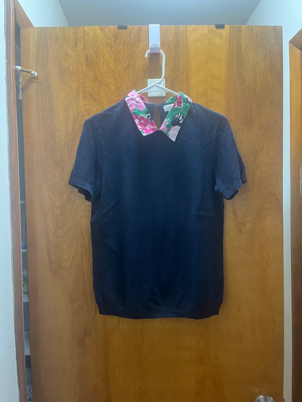J. Crew Navy Short-Sleeve Top with Floral Collar